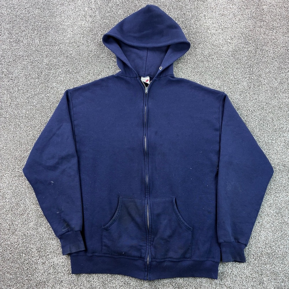 Vintage Jerzees Blank Hoodie Mens XL Blue Sweatshirt Full Zip Blank Distressed